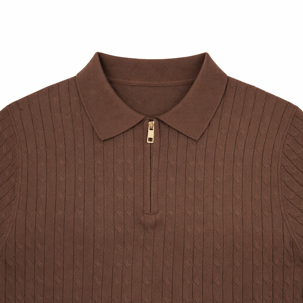 Polo uomo marrone con zip elegante casual