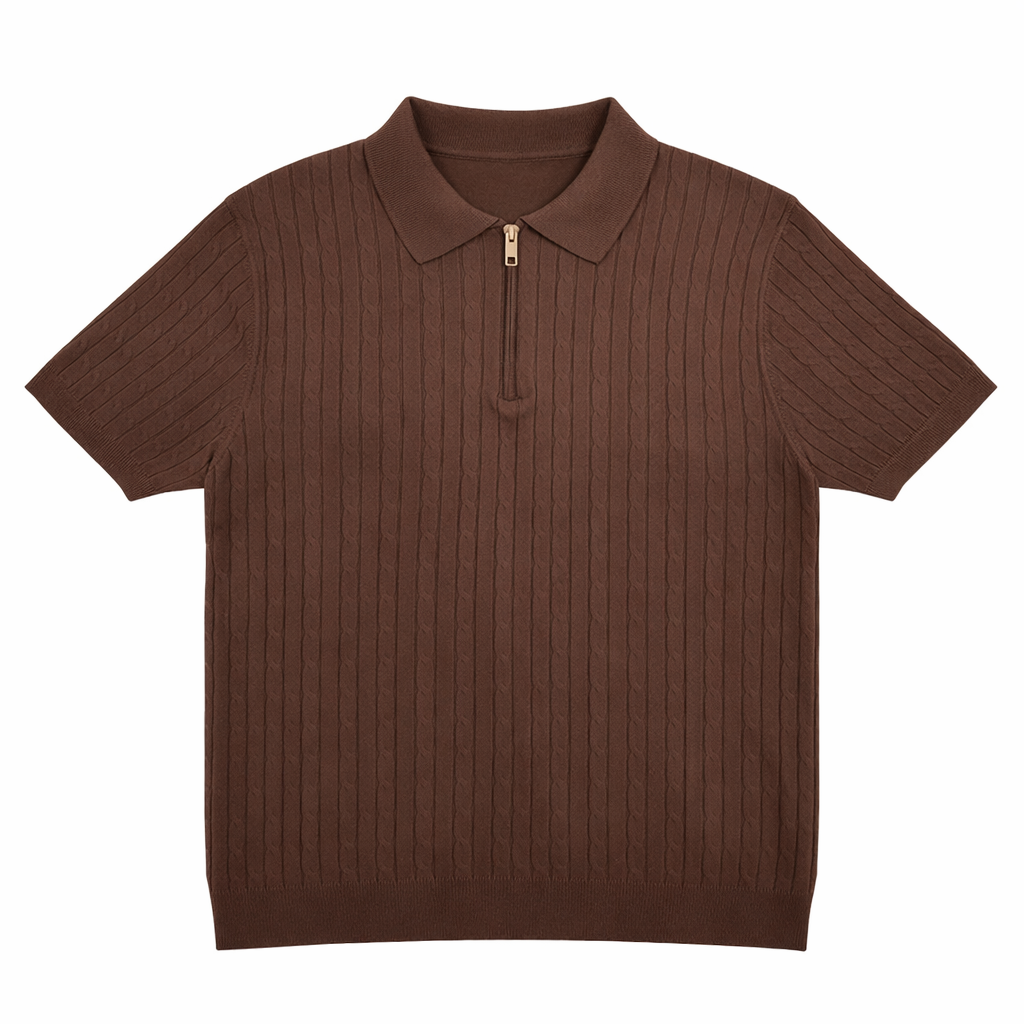 Polo uomo marrone con zip elegante casual
